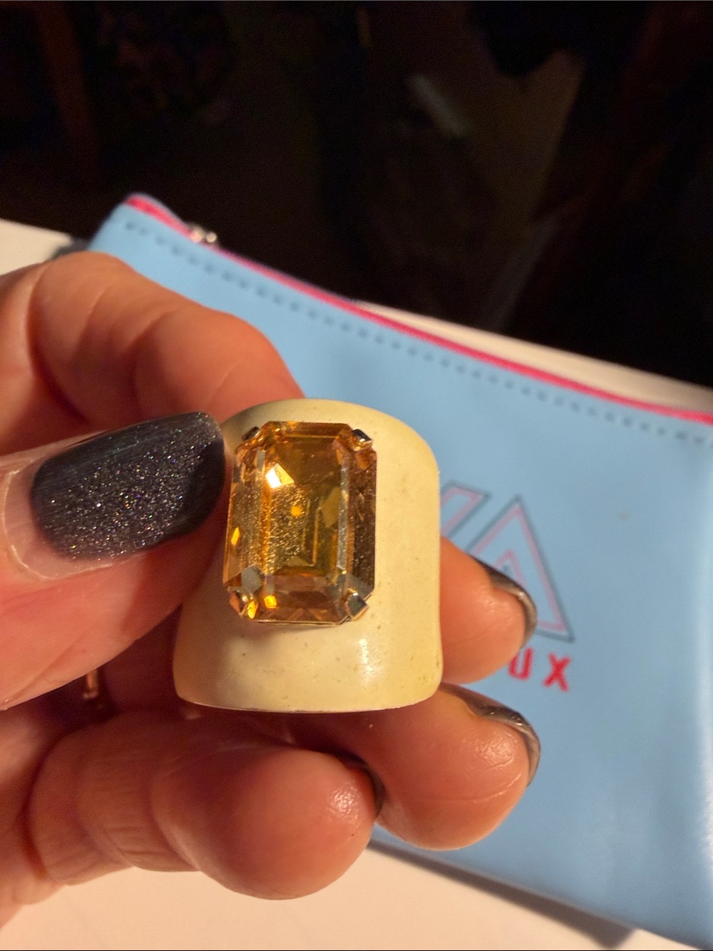 Gold-Tone Ring with Clear Rectangular Gem - Cream - Picture 3 of 4
